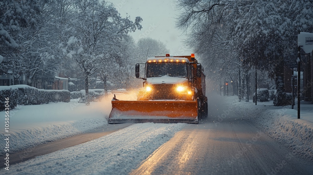 Snowplow Truck Removing Snow From City Street During Snowstorm Snowplow Truck Removing Snow From City Street During Snowstorm