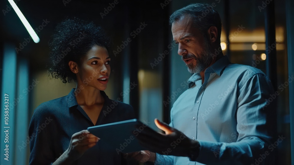 He trusts her business instincts. Shot of two coworkers talking together over a digital tablet in an office. He trusts her business instincts. Shot of two coworkers talking together over a digital tablet in an office.