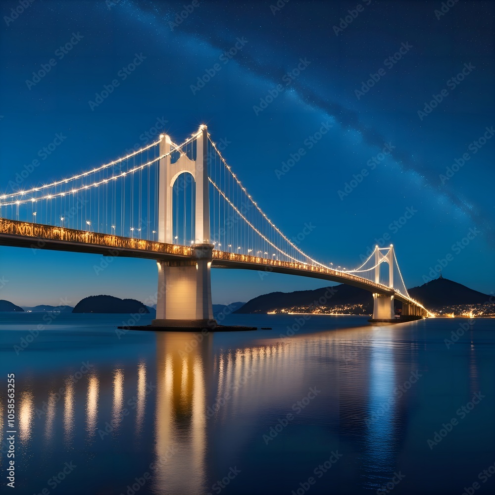 Illuminated Suspension Bridge at Night with Reflections Illuminated Suspension Bridge at Night with Reflections