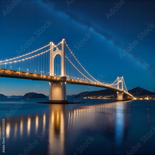 Illuminated Suspension Bridge at Night with Reflections