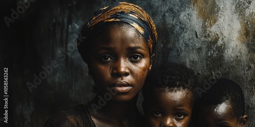 A young black Latina mother is seen facing tough circumstances alongside her children, representing an African ethnic family amidst the harsh realities of global poverty and inequality. photo