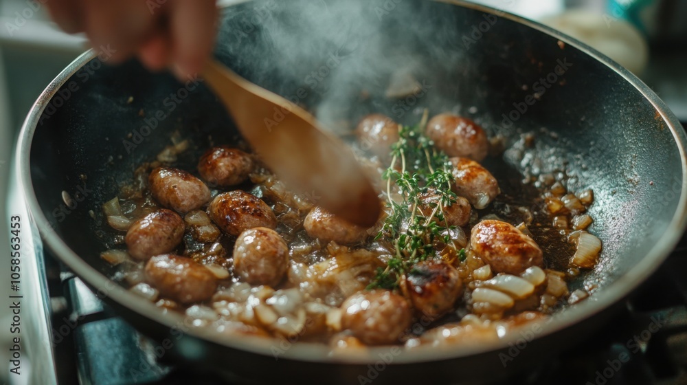 Sausages cooking in a skillet with caramelized onions and fresh thyme Sausages cooking in a skillet with caramelized onions and fresh thyme