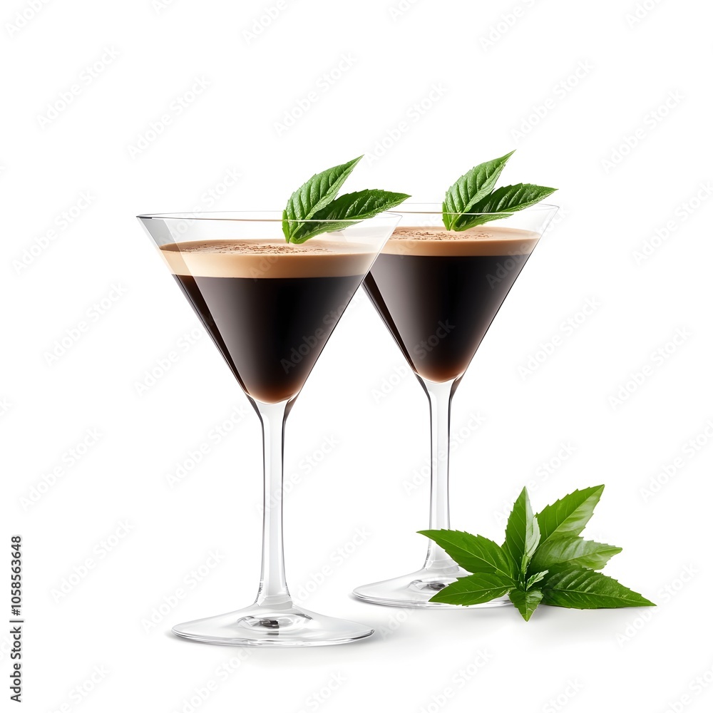 Perfectly Crafted Espresso Martini Cocktails in Sleek Glasses Against White Background Perfectly Crafted Espresso Martini Cocktails in Sleek Glasses Against White Background