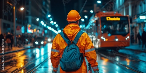 Night Road Maintenance: Worker Cleaning Streets in Orange Uniform