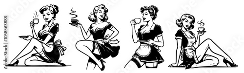 pinup girl drink coffee, black vector illustration, pin-up woman silhouette character