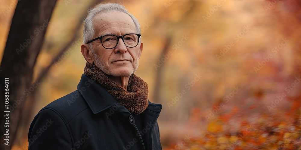 Attractive older gentleman dressed in glasses, a black coat, and a scarf is situated in an autumn forest setting surrounded by colorful fall foliage. Attractive older gentleman dressed in glasses, a black coat, and a scarf is situated in an autumn forest setting surrounded by colorful fall foliage.