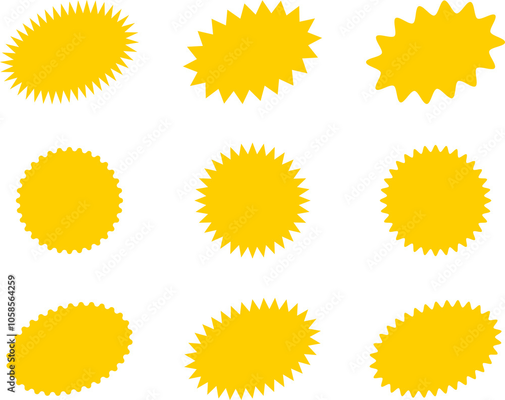 Starburst yellow sticker set - collection of special offer sale oval and round shaped sunburst labels and badges. Promo stickers with star edges. Starburst yellow sticker set - collection of special offer sale oval and round shaped sunburst labels and badges. Promo stickers with star edges.
