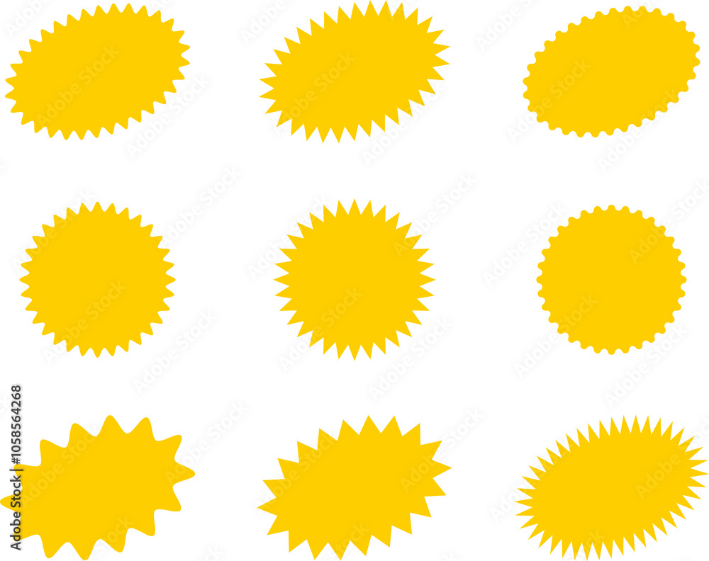 Starburst yellow sticker set - collection of special offer sale oval and round shaped sunburst labels and badges. Promo stickers with star edges. Starburst yellow sticker set - collection of special offer sale oval and round shaped sunburst labels and badges. Promo stickers with star edges.