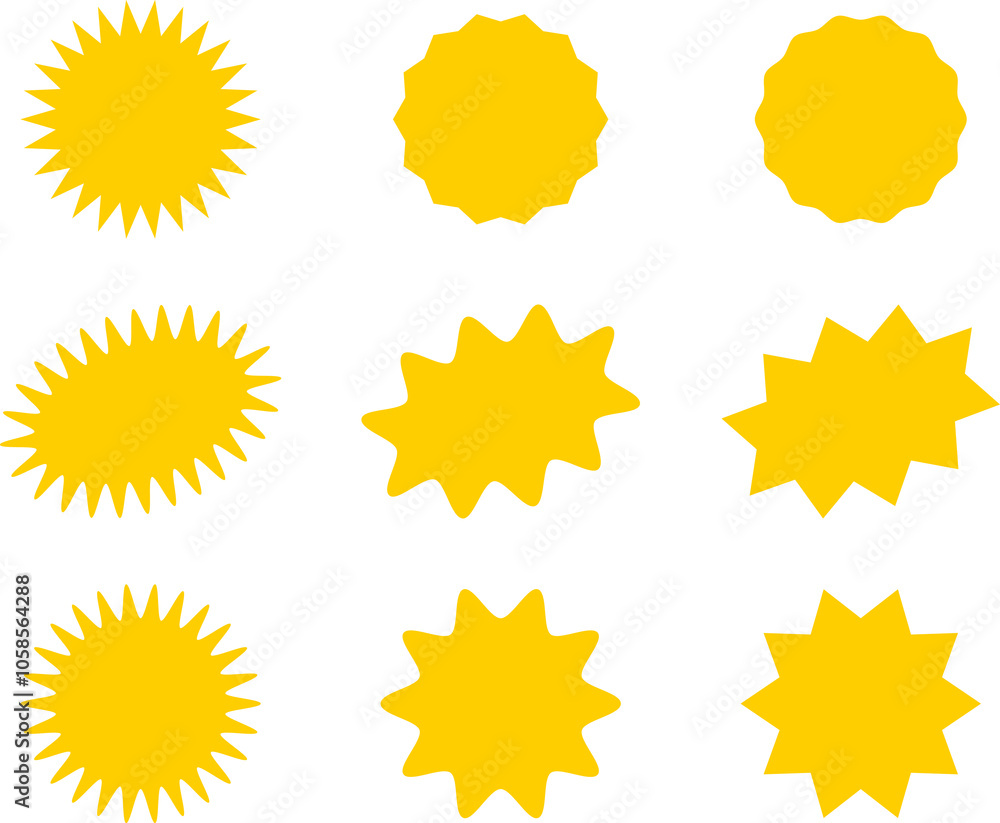 Starburst yellow sticker set - collection of special offer sale oval and round shaped sunburst labels and badges. Promo stickers with star edges. Starburst yellow sticker set - collection of special offer sale oval and round shaped sunburst labels and badges. Promo stickers with star edges.
