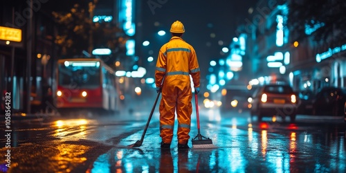 Night Road Maintenance: Worker Cleaning Streets in Orange Uniform