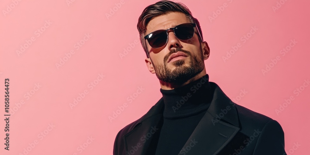 A fashionable man is depicted wearing sunglasses and assuming a serious stance against a pink backdrop, showcasing a modern male portrait full of style. A fashionable man is depicted wearing sunglasses and assuming a serious stance against a pink backdrop, showcasing a modern male portrait full of style.