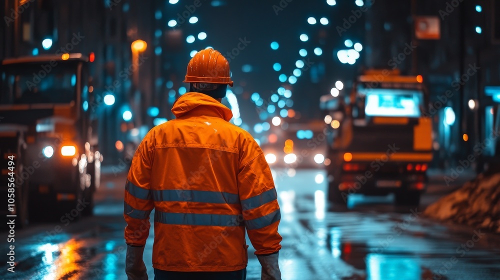 Night Road Maintenance: Worker Cleaning Streets in Orange Uniform Night Road Maintenance: Worker Cleaning Streets in Orange Uniform