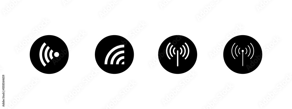 Wifi Signal Icons Set. Network signal, Internet sign. WIFI. Wifi signal strength. Wireless technology. Radio signals waves, radar, antenna, satellite signal symbols. Wifi Signal Icons Set. Network signal, Internet sign. WIFI. Wifi signal strength. Wireless technology. Radio signals waves, radar, antenna, satellite signal symbols.