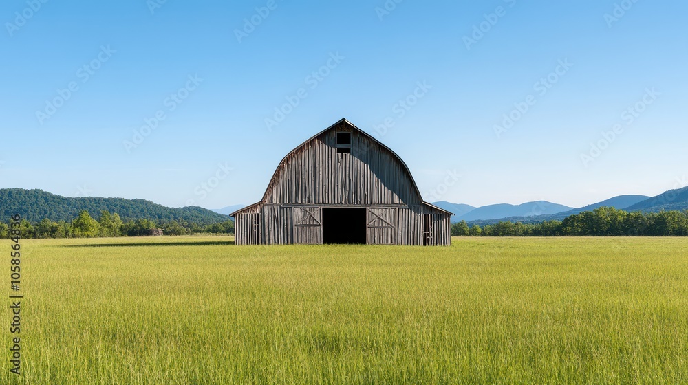 A scenic view of a rustic barn surrounded by lush green fields and mountains under a clear blue sky. A scenic view of a rustic barn surrounded by lush green fields and mountains under a clear blue sky.