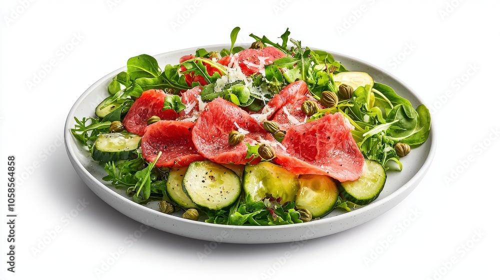An artistic plate with beef carpaccio, drizzled with truffle oil, capers, and parmesan shavings, on a pure white background for an elevated look An artistic plate with beef carpaccio, drizzled with truffle oil, capers, and parmesan shavings, on a pure white background for an elevated look