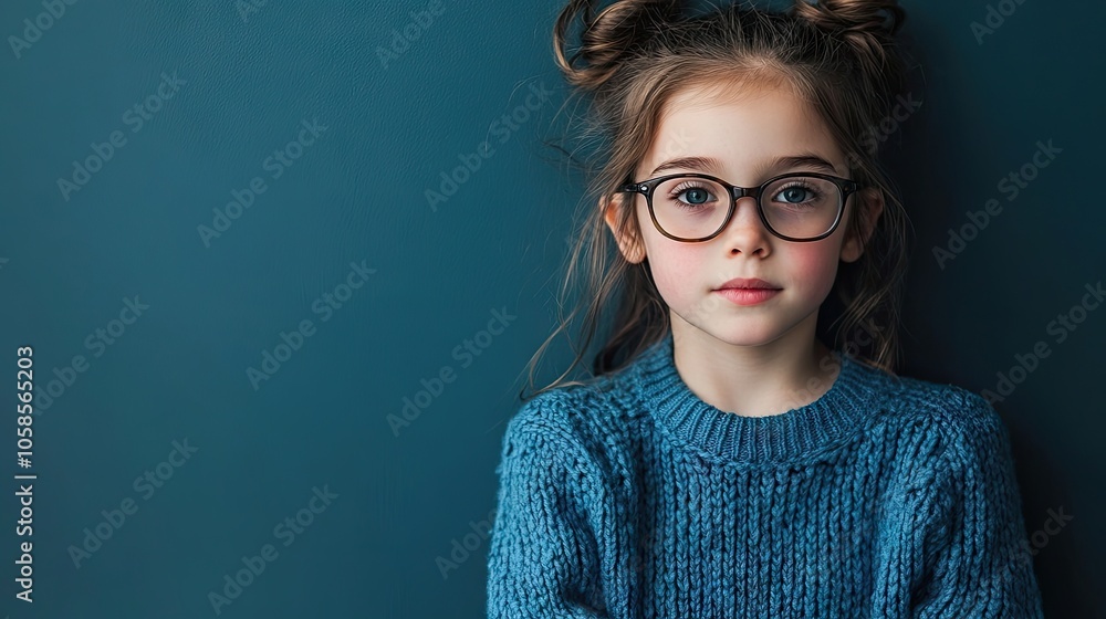 Autism patient girl with glasses wearing a blue sweater, captured in a thoughtful pose. The image captures the essence of autism and the unique perspective of the girl. Ample copy space included. Autism patient girl with glasses wearing a blue sweater, captured in a thoughtful pose. The image captures the essence of autism and the unique perspective of the girl. Ample copy space included.
