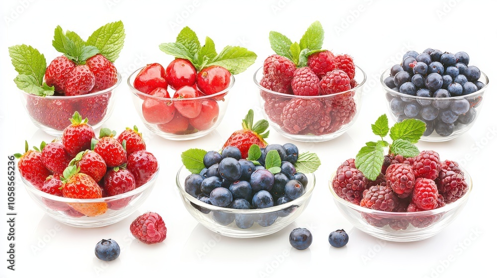 Variety of berries in a clean arrangement on a white background, highlighting fresh and antioxidant-rich ingredients Variety of berries in a clean arrangement on a white background, highlighting fresh and antioxidant-rich ingredients