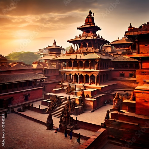 Wallpaper Mural Ancient Ruins of Patan Durbar Square, Patan Durbar Square, Nepal heritage site, historical temples, ancient architecture, Nepal artistry, golden hour, Kathmandu Valley Torontodigital.ca