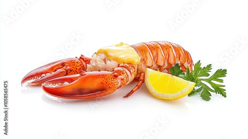 Lobster tail with butter and lemon on a white background, highlighting a luxurious gourmet seafood experience photo