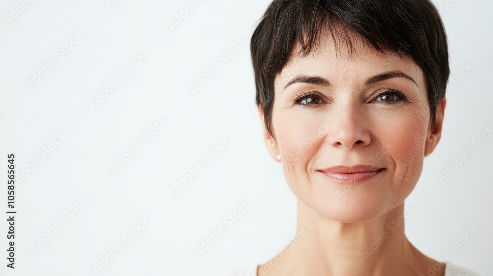 Portrait of a cheerful middle-aged woman gazing at the camera against a white background, capturing her vibrant personality and warm smile, with ample copy space included. Portrait of a cheerful middle-aged woman gazing at the camera against a white background, capturing her vibrant personality and warm smile, with ample copy space included.