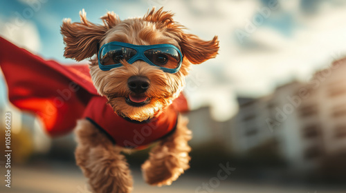 Wallpaper Mural Playful dog in a cape and sunglasses enjoys a sunset run in a grassy field Torontodigital.ca