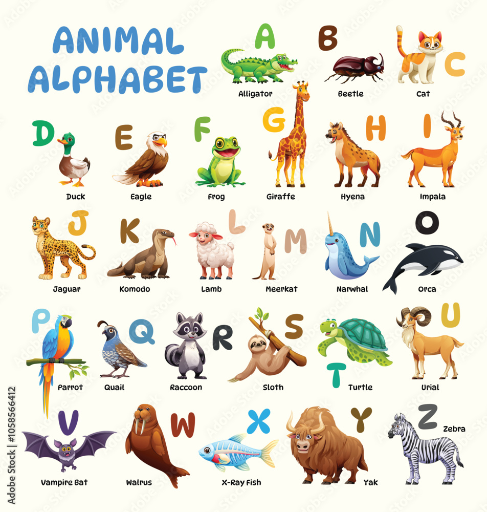 Obraz premium Alphabet chart featuring animals like eagle, frog, and raccoon for A to Z. Vector cartoon illustration