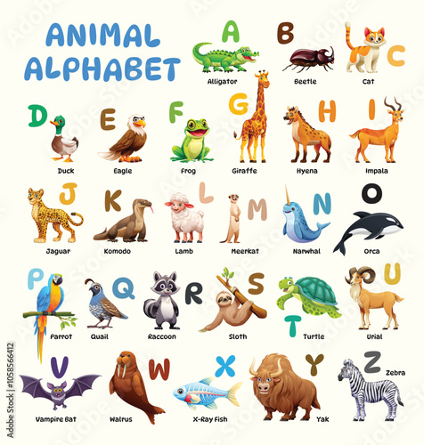 Alphabet chart featuring animals like eagle, frog, and raccoon for A to Z. Vector cartoon illustration