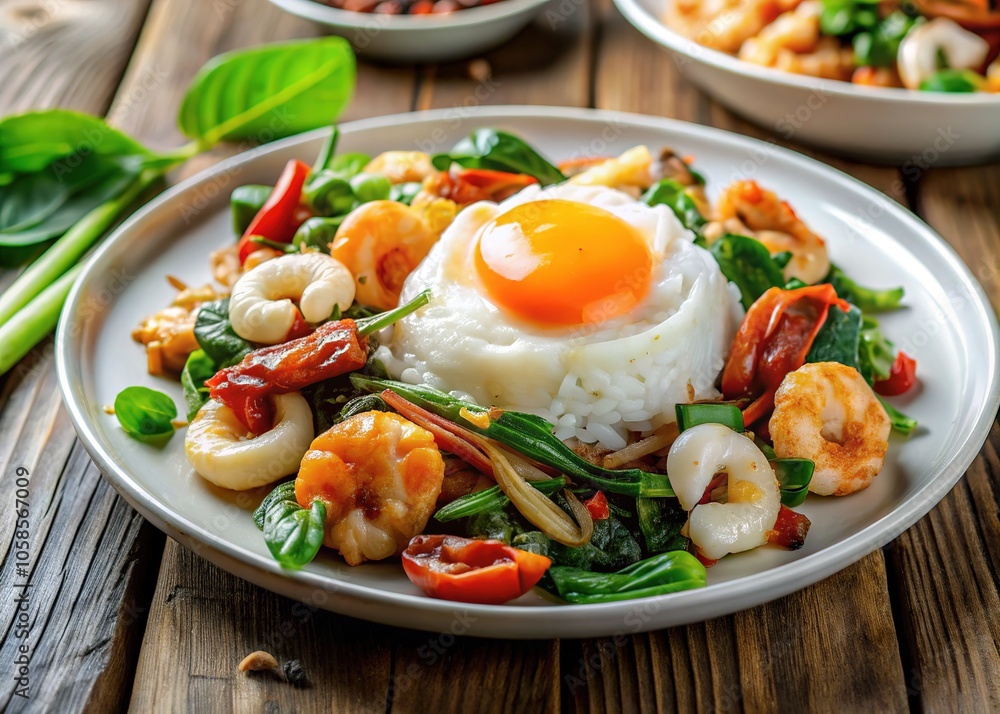 Experience the exquisite flavors of Stirfried Seafood with Holy Basil, complemented by a golden fried egg, offering a deliciously aromatic Thai experience on every plate. Experience the exquisite flavors of Stirfried Seafood with Holy Basil, complemented by a golden fried egg, offering a deliciously aromatic Thai experience on every plate.