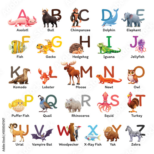 Animal alphabet for kids education. ABC poster with animals like axolotl, gecko, and owl for each letter. Vector cartoon illustration photo