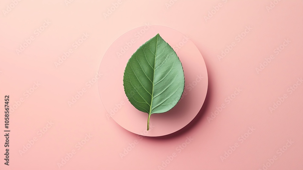 Illustration minimal concept background Green leaf on a pink circular plate. Illustration minimal concept background Green leaf on a pink circular plate.