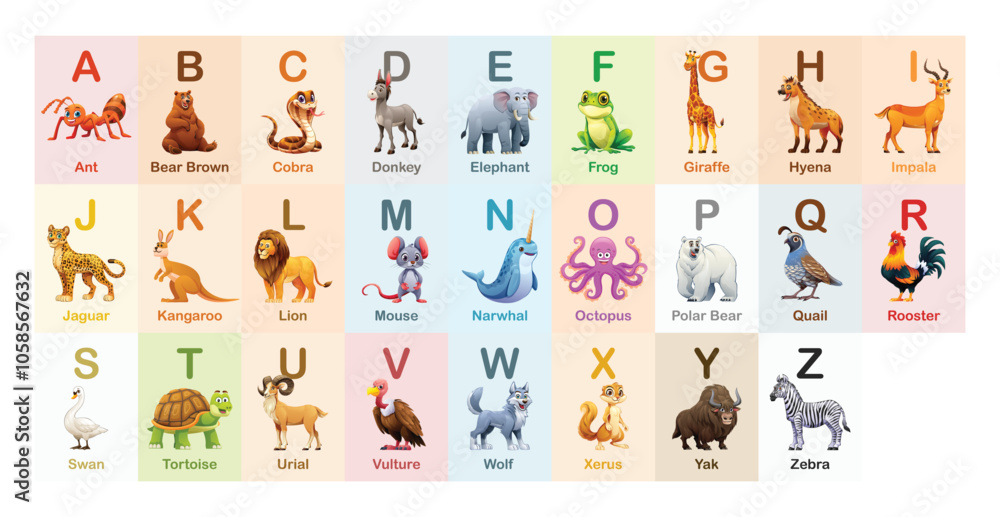 Animal alphabet with A to Z animals such as ant, bear, and vulture for each letter. Vector cartoon illustration Animal alphabet with A to Z animals such as ant, bear, and vulture for each letter. Vector cartoon illustration