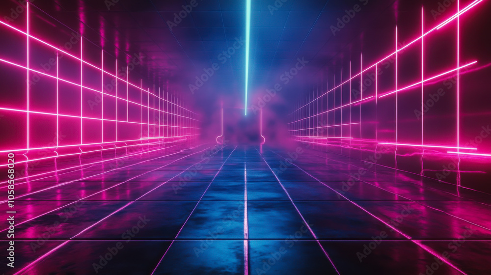 A vibrant neon grid landscape with glowing lines in a futuristic digital environment A vibrant neon grid landscape with glowing lines in a futuristic digital environment