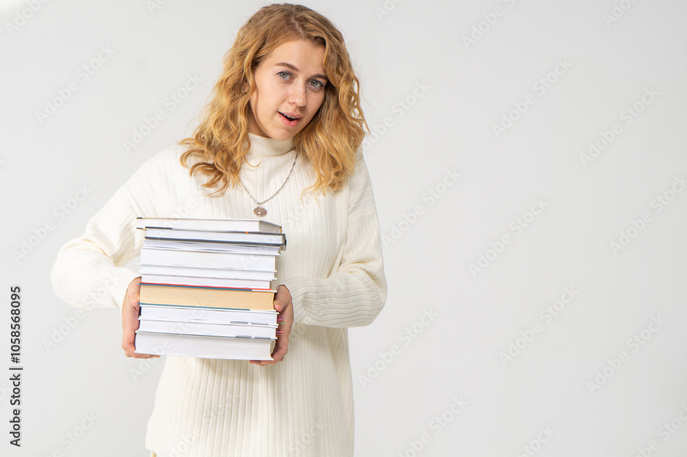 Cute young blonde girl with books in her hands, white background, copyspace