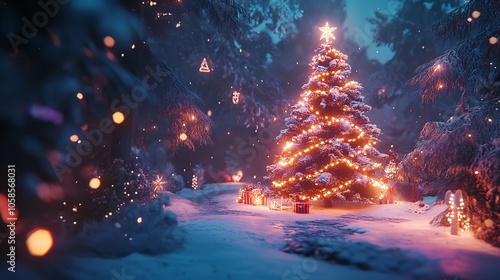 Christmas Background. Xmas Tree with Snow Decorated with Garlands