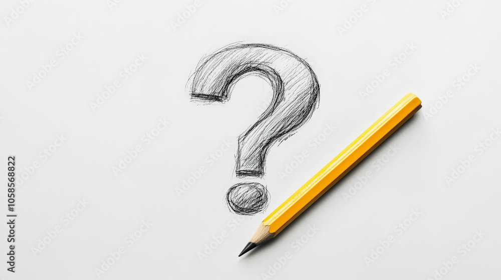 Sketch of question mark drawn with yellow pencil on white background, copy space, presentation mockup. Generative AI Sketch of question mark drawn with yellow pencil on white background, copy space, presentation mockup. Generative AI