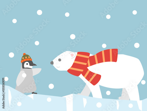 河の上を歩く赤いマフラーをつけた可愛いシロクマと帽子をかぶっているペンギンのイラスト