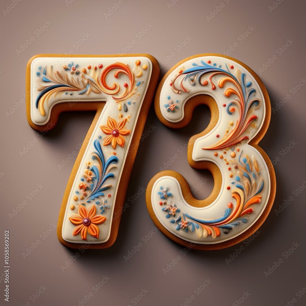 Decorated cookie, number 73, image for birthday or anniversary celebration Decorated cookie, number 73, image for birthday or anniversary celebration