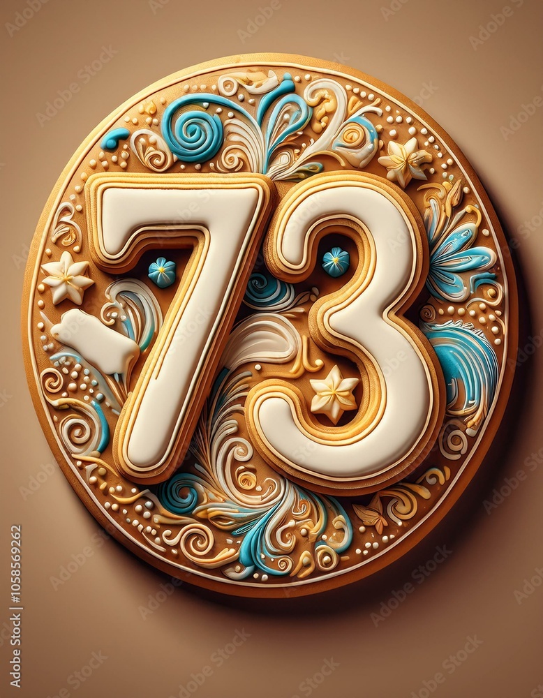 Decorated cookie, number 73, image for birthday or anniversary celebration Decorated cookie, number 73, image for birthday or anniversary celebration