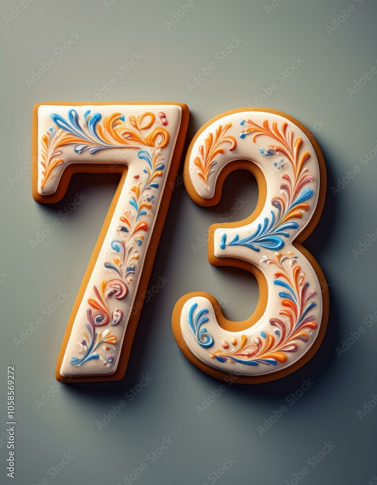 Decorated cookie, number 73, image for birthday or anniversary celebration Decorated cookie, number 73, image for birthday or anniversary celebration
