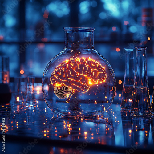 A glowing brain sits on a lab table surrounded by scientific instruments. The image evokes a sense of innovation in AI.

