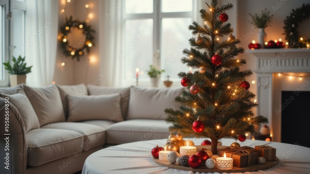 Cozy living room decorated for Christmas with a tree, presents, and warm lights in a serene winter setting Cozy living room decorated for Christmas with a tree, presents, and warm lights in a serene winter setting