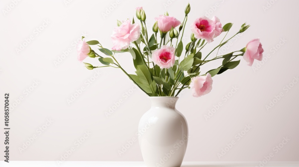 Delicate arrangement of pink eustoma flowers and fresh eucalyptus in a stylish vase on a minimal white background
Delicate arrangement of pink eustoma flowers and fresh eucalyptus in a stylish vase on a minimal white background