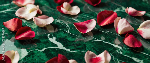 red rose petals on green marble floor. photo