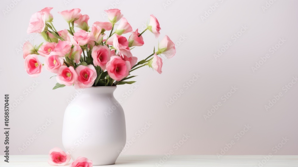 Delicate arrangement of pink eustoma flowers and fresh eucalyptus in a stylish vase on a minimal white background
Delicate arrangement of pink eustoma flowers and fresh eucalyptus in a stylish vase on a minimal white background