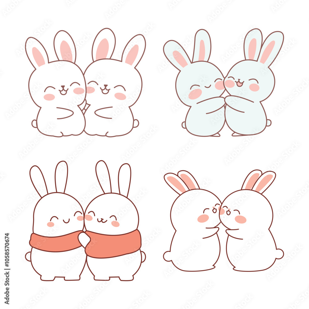 Obraz premium Cute Rabbit Bunny Couple Cartoon Character Hugging While Smiling