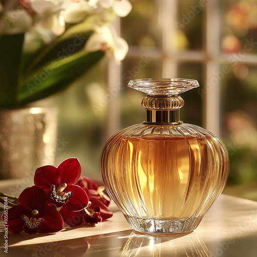 A clear glass perfume bottle with a gold top sits on a marble surface. White and red orchids provide a delicate and colorful backdrop.

