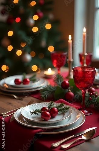 A smart festive Christmas table setting with red and green decor and festive tableware