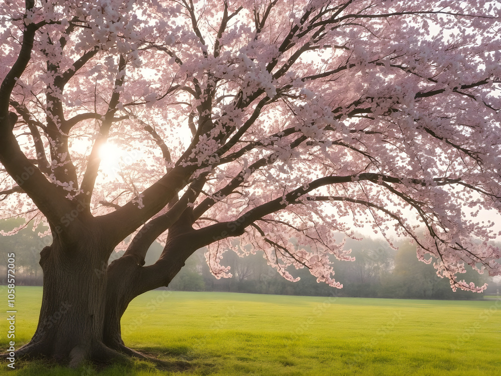 Fototapeta premium Blooming spring tree in a sunlit park SAKURA japanese