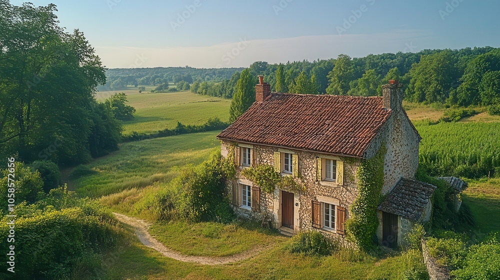 aerial view of a tranquil rural village nestled in the lush green landscape of normandy, showcasing quaint houses and winding paths under a clear blue sky aerial view of a tranquil rural village nestled in the lush green landscape of normandy, showcasing quaint houses and winding paths under a clear blue sky