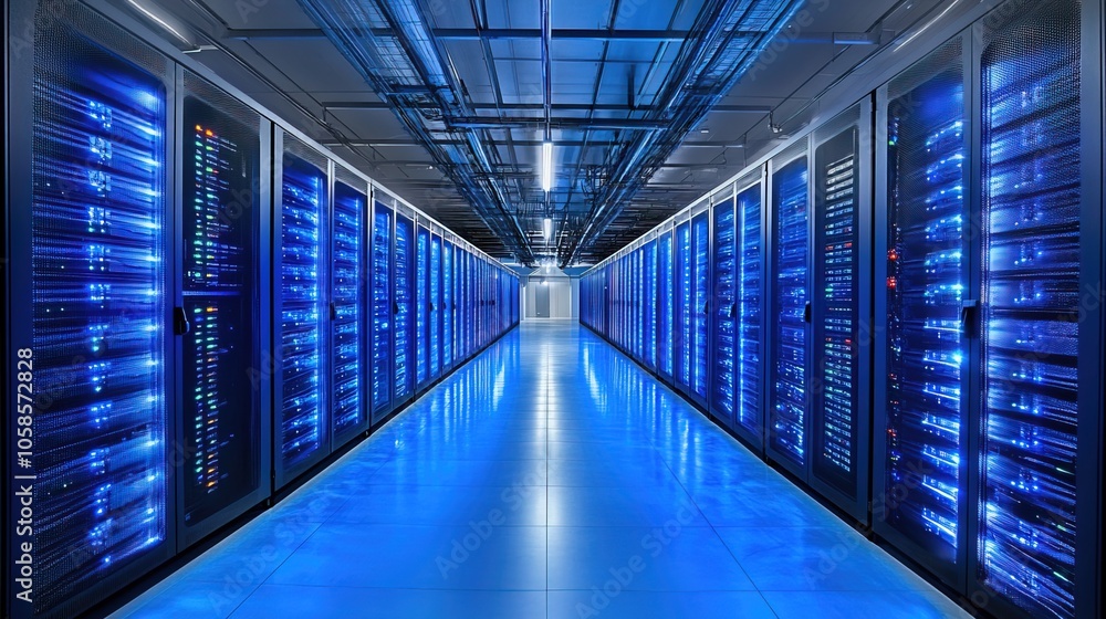 Renewable energy data center with glowing lights powered Renewable energy data center with glowing lights powered